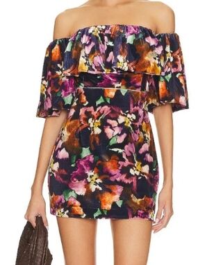 NWT MISA Los Angeles Anetta Painterly Libra Fleur Velvet Off Shoulder Dress Sz 4